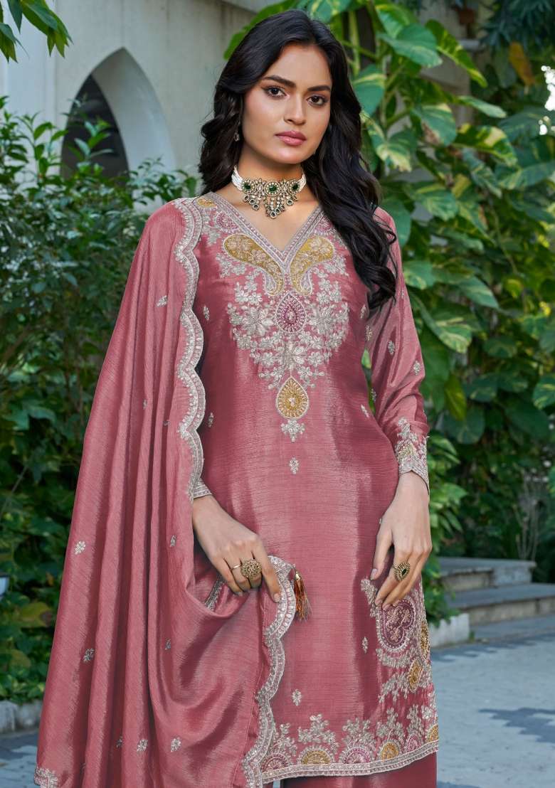 Peach Embroidered Chinon Kurta Set - Indya