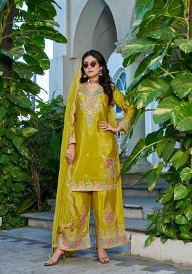 Yellow Embroidered Chinon Kurta Set