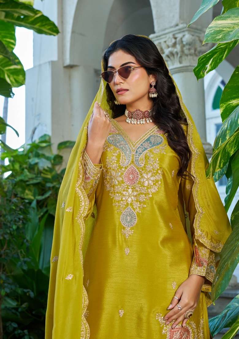 Yellow Embroidered Chinon Kurta Set - Indya