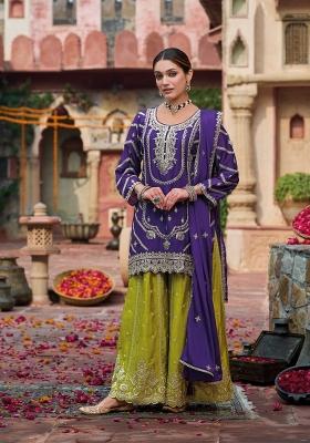 Purple Embroidered Chinon Kurta Set