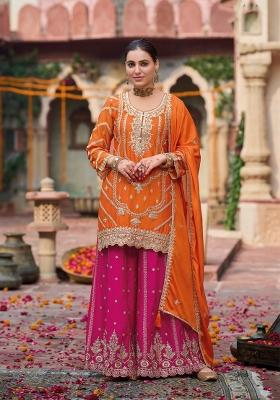 Orange Embroidered Chinon Kurta Set