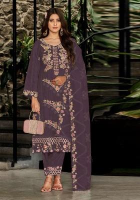 Wine Embroidered Georgette Kurta Set
