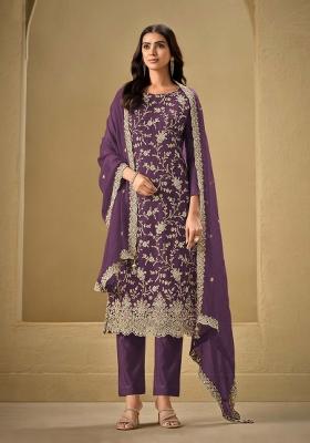 Purple Embroidered Chinon Kurta Set