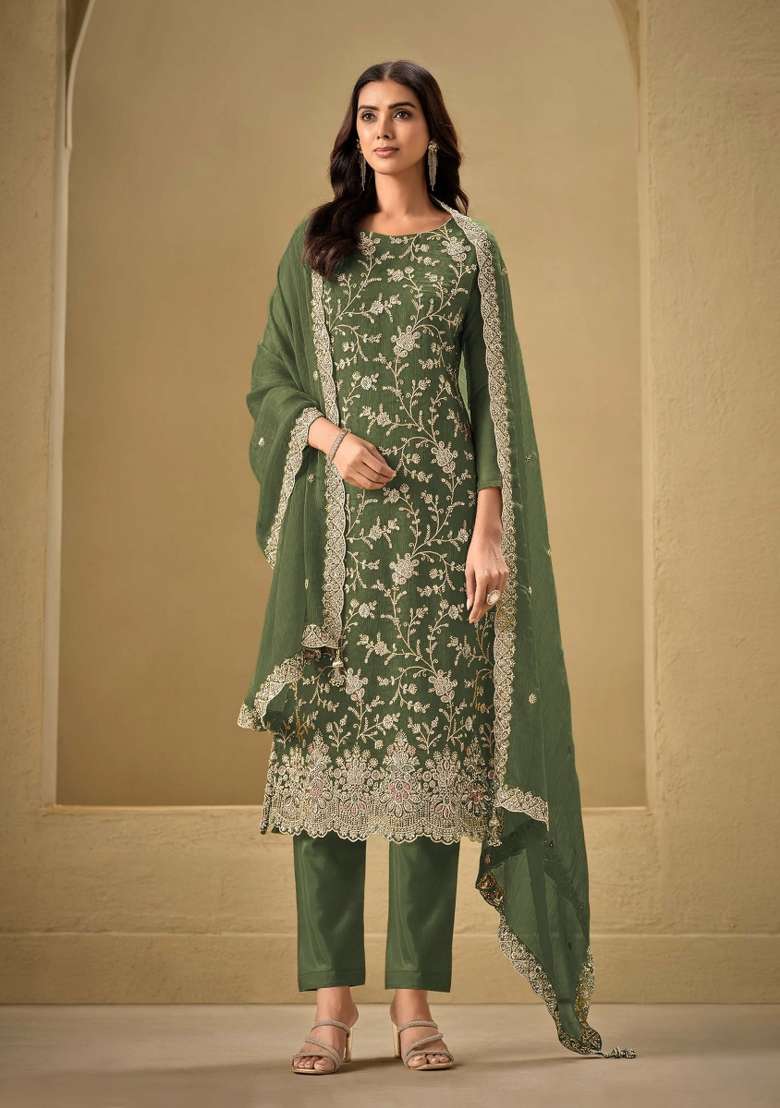 Bottle Green Embroidered Chinon Kurta Set - Indya
