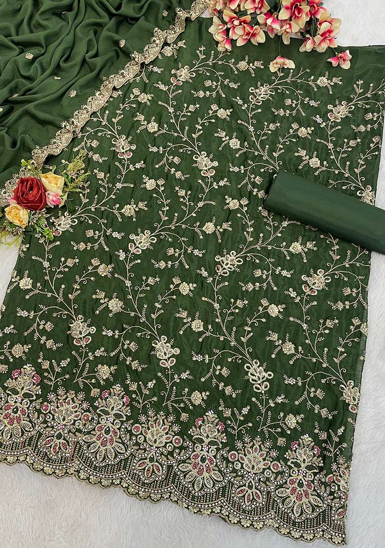 Bottle Green Embroidered Chinon Kurta Set - Indya