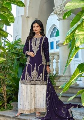 Purple Embroidered Chinon Kurta Set