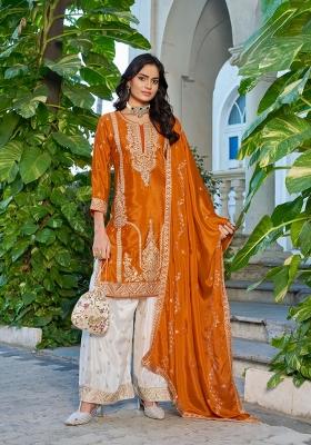 Orange Embroidered Chinon Kurta Set