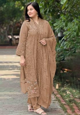 Beige Embroidered Georgette Kurta Set
