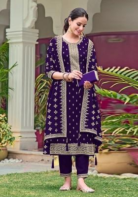 Purple Embroidered Georgette Kurta Set