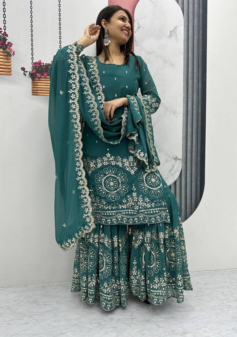 light green Zari Work faux georgette salwar suit - Indya