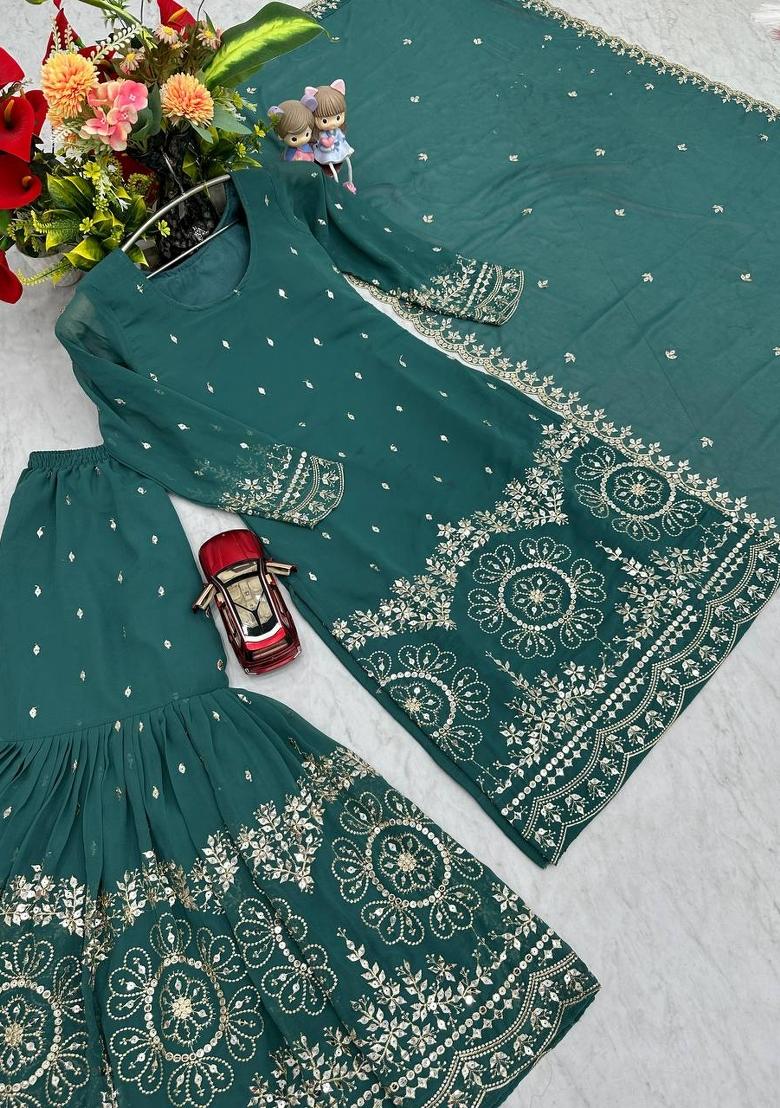 light green Zari Work faux georgette salwar suit - Indya