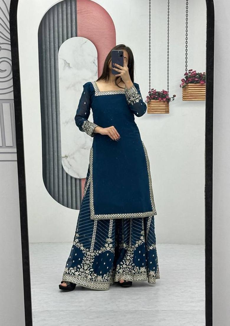 Teal Zari Work faux georgette salwar suit - Indya