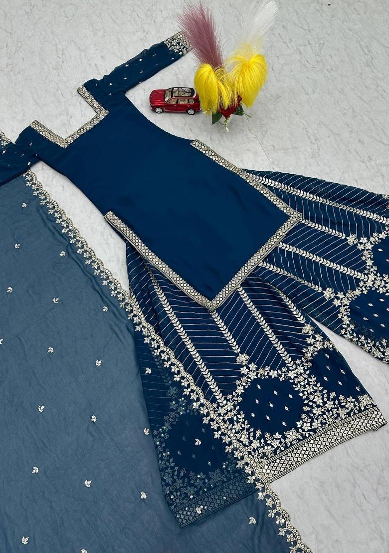 Teal Zari Work faux georgette salwar suit - Indya
