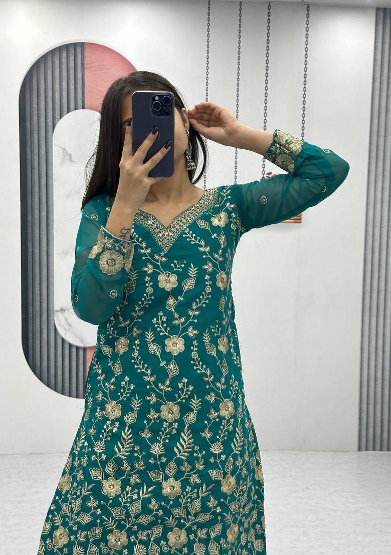 Green Zari Work net salwar suit - Indya