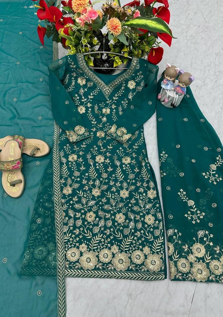 Green Zari Work net salwar suit - Indya