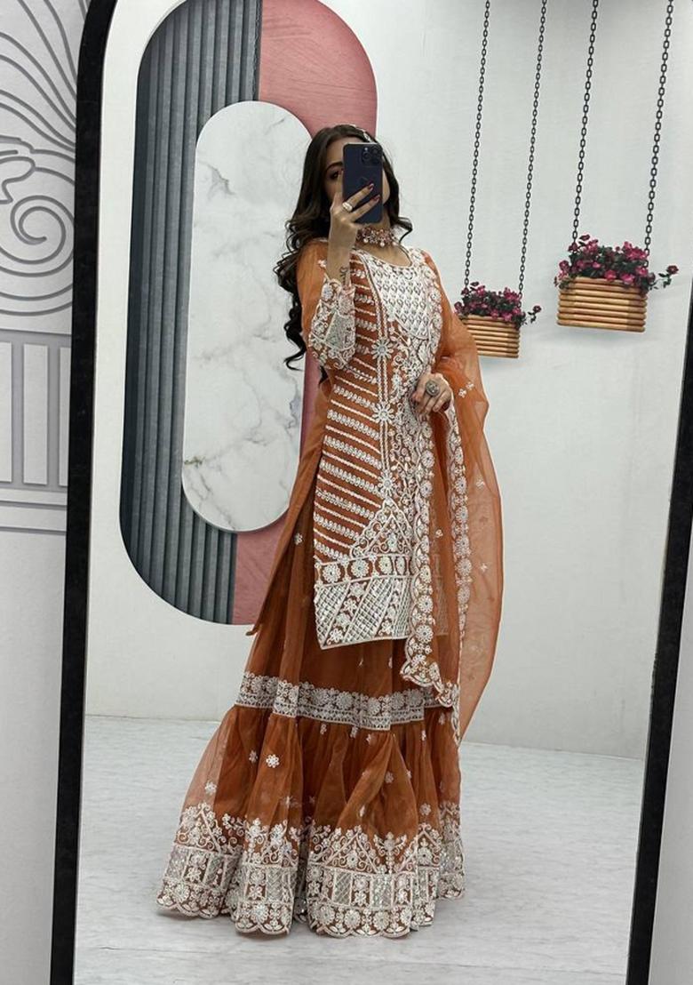 Orange Zari Work net salwar suit - Indya