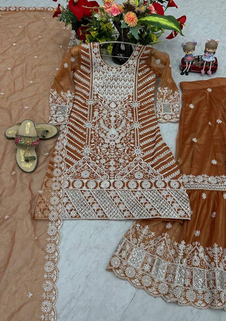 Orange Zari Work net salwar suit - Indya