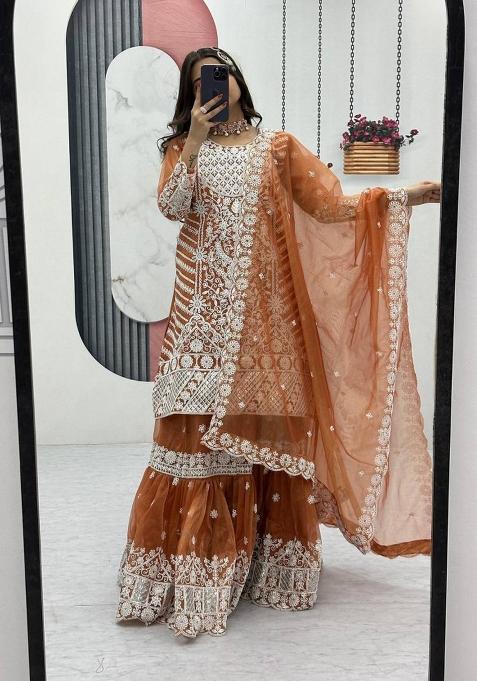 Orange Zari Work net salwar suit