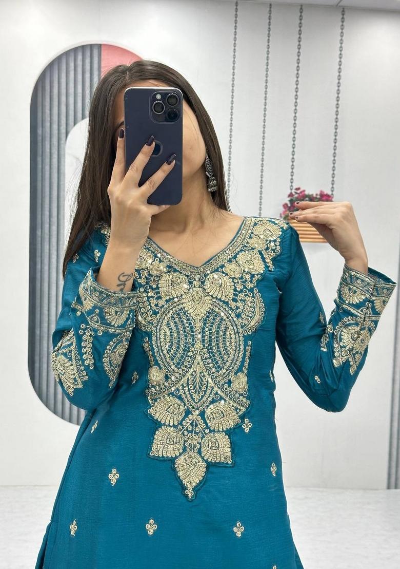 Teal Zari Work Silk Blend salwar suit - Indya