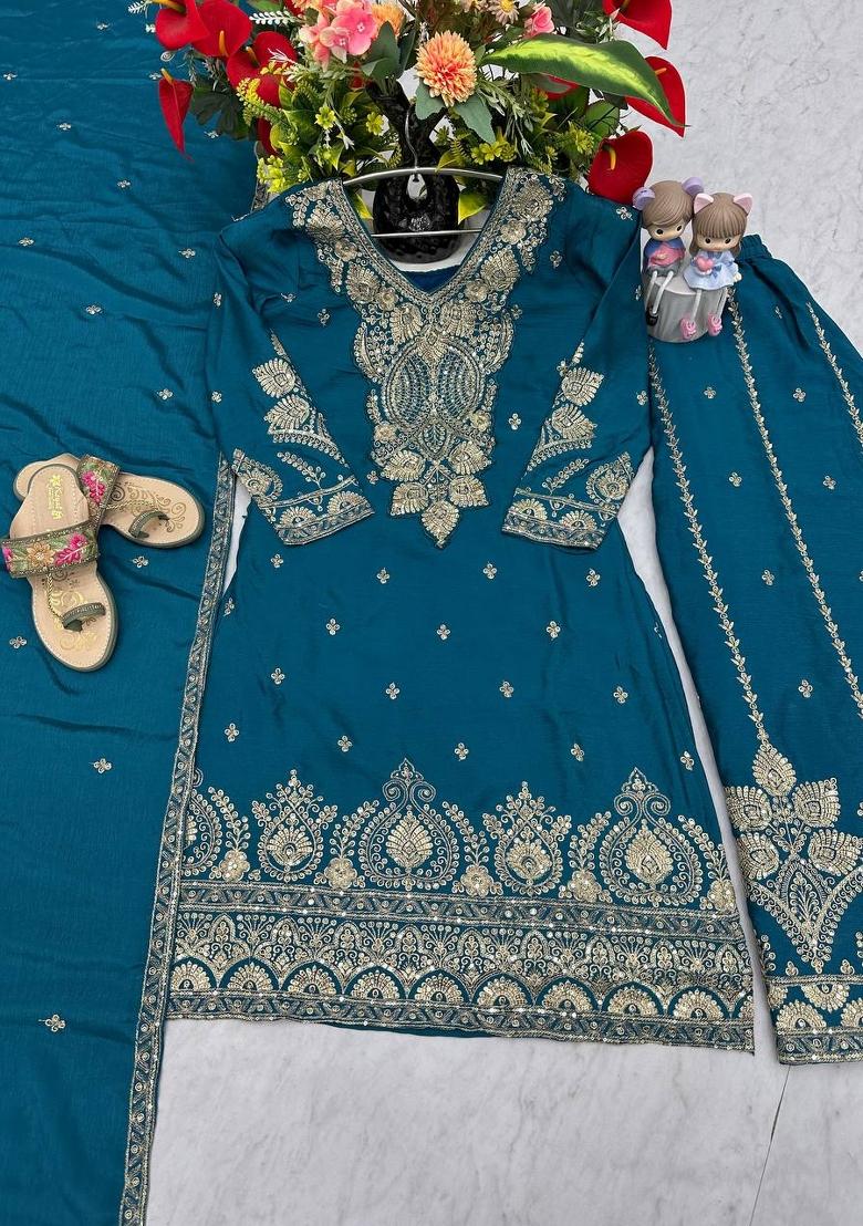 Teal Zari Work Silk Blend salwar suit - Indya