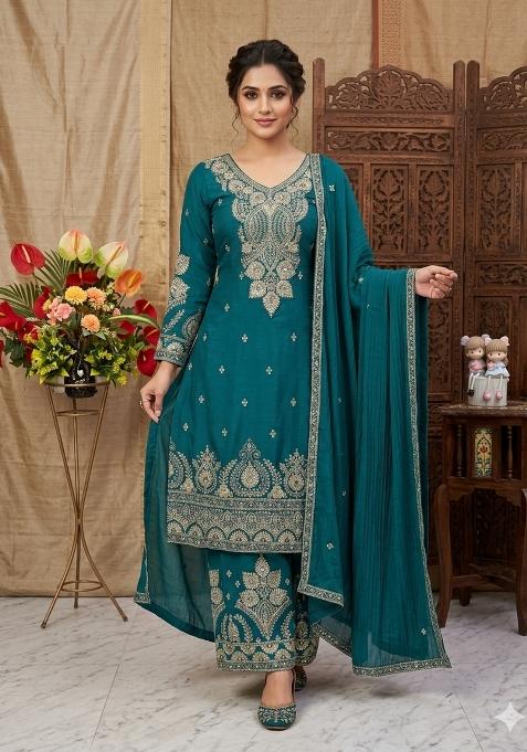 Teal Zari Work Silk salwar suit