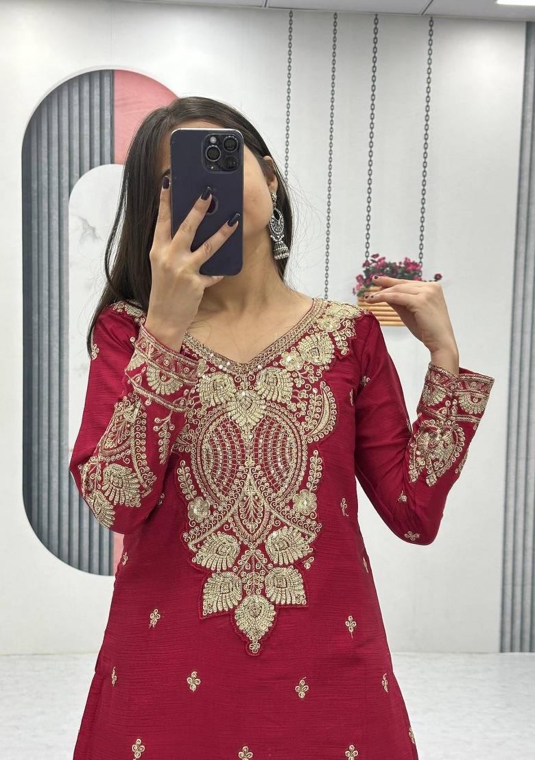 Maroon Zari Work Silk Blend salwar suit - Indya