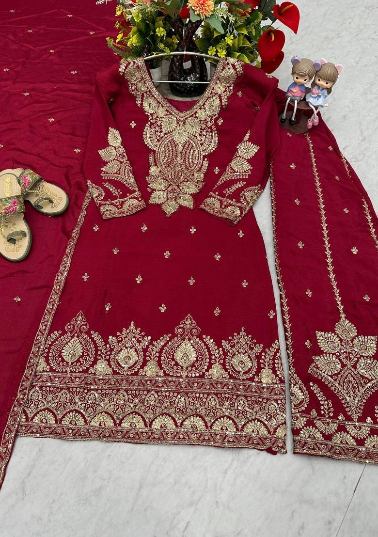 Maroon Zari Work Silk Blend salwar suit - Indya
