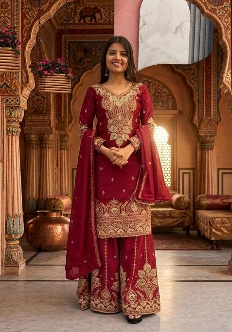 Maroon Zari Work Silk salwar suit