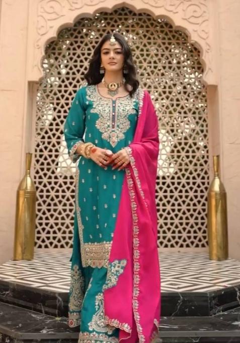 Teal Zari Work Silk salwar suit