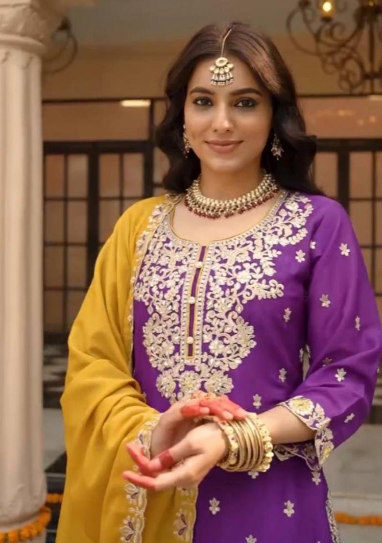 Purple Zari Work Silk Blend salwar suit - Indya