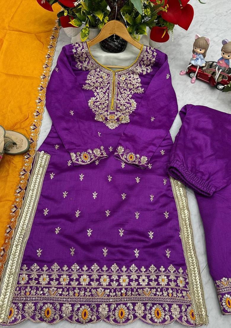 Purple Zari Work Silk Blend salwar suit - Indya