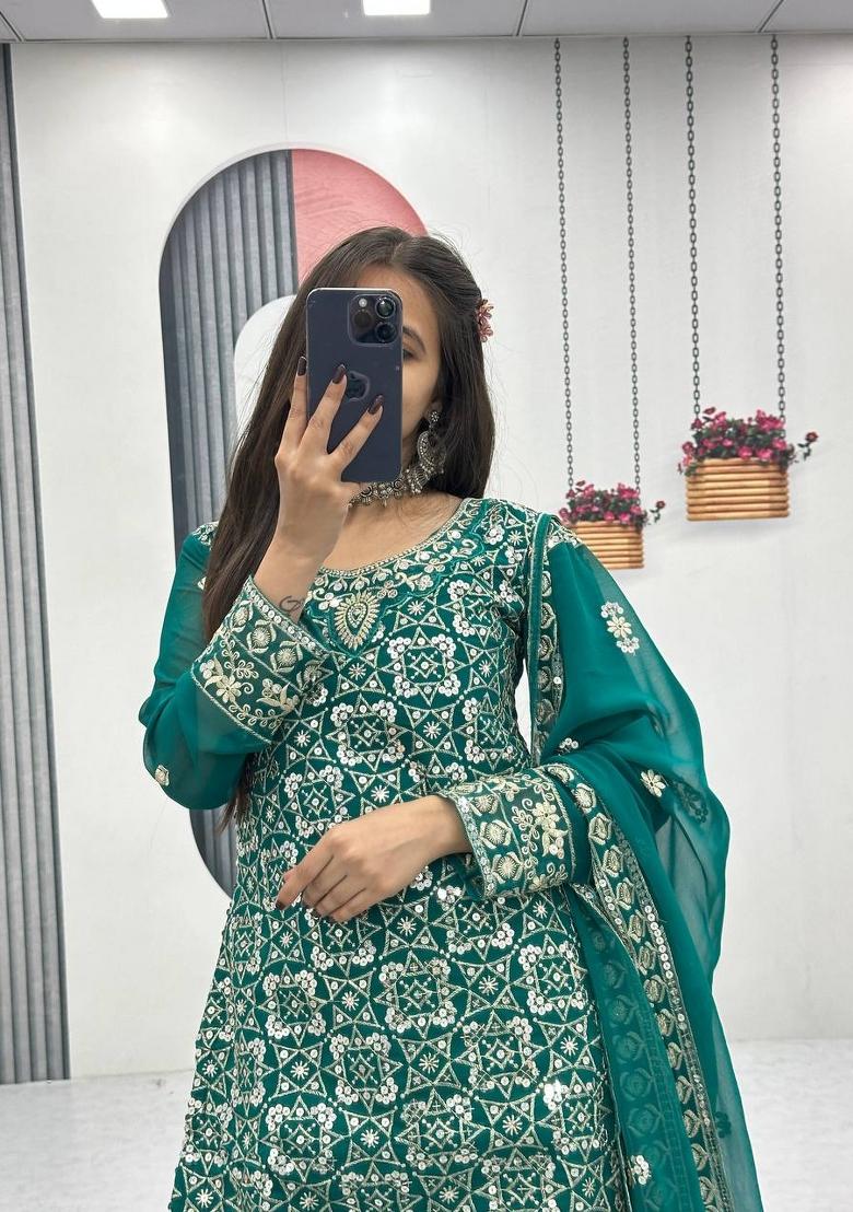 Green Zari Work faux georgette salwar suit - Indya