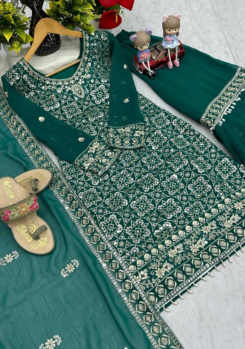 Green Zari Work faux georgette salwar suit - Indya
