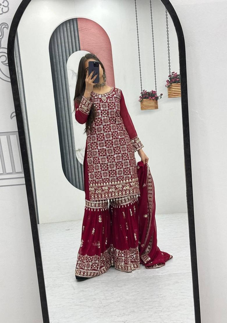 Red Zari Work faux georgette salwar suit - Indya
