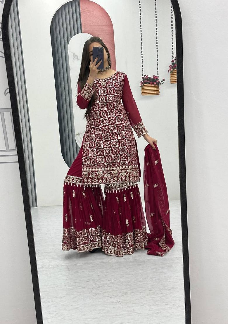 Red Zari Work faux georgette salwar suit - Indya