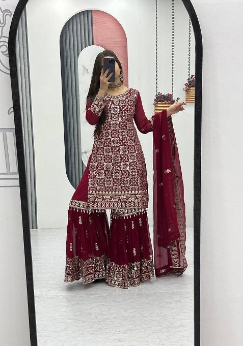 Red Zari Work faux georgette salwar suit