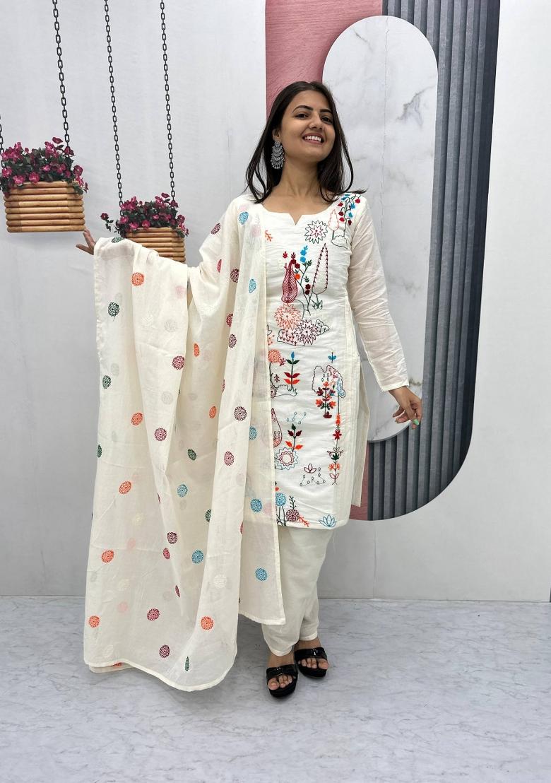 Cream Zari Work Cotton salwar suit - Indya