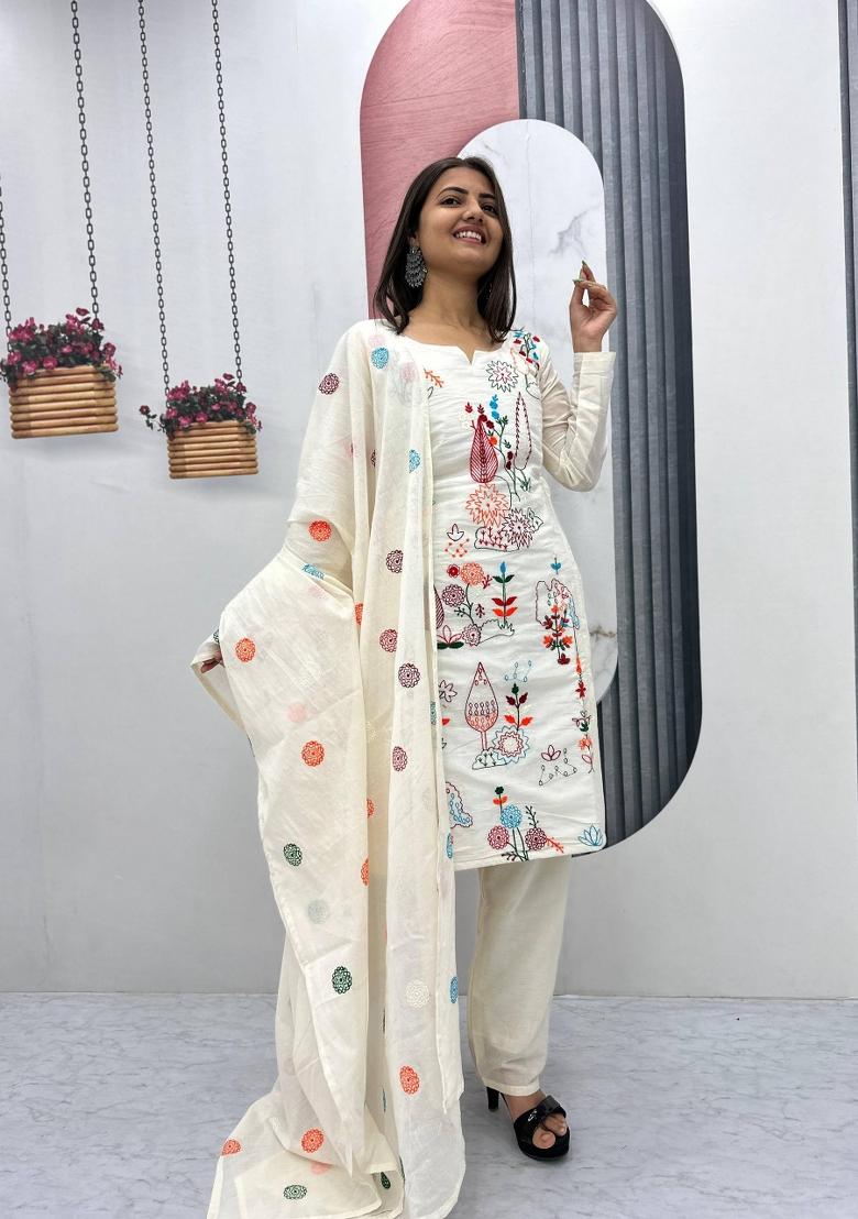 Cream Zari Work Cotton salwar suit - Indya