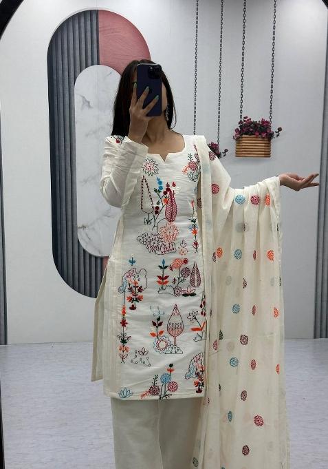 Cream Zari Work Cotton salwar suit
