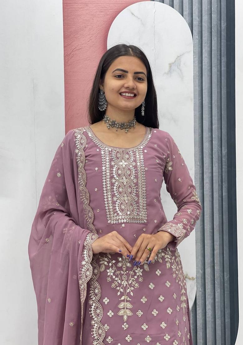 Beige Zari Work faux georgette salwar suit - Indya