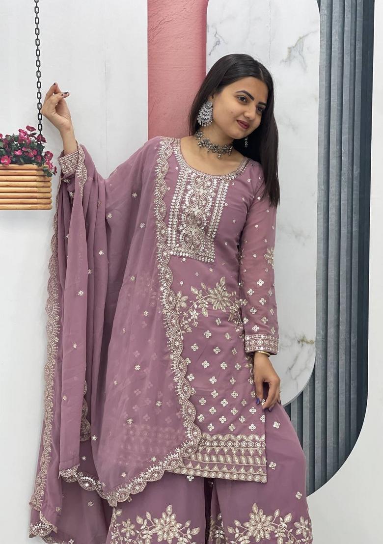Beige Zari Work faux georgette salwar suit - Indya