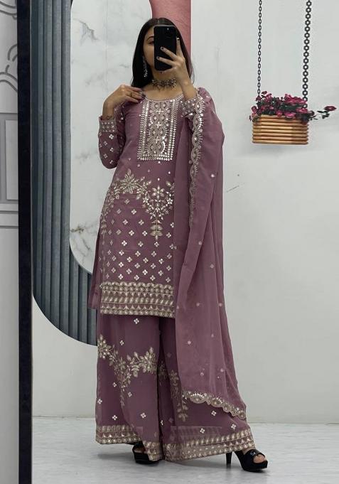 Beige Zari Work faux georgette salwar suit