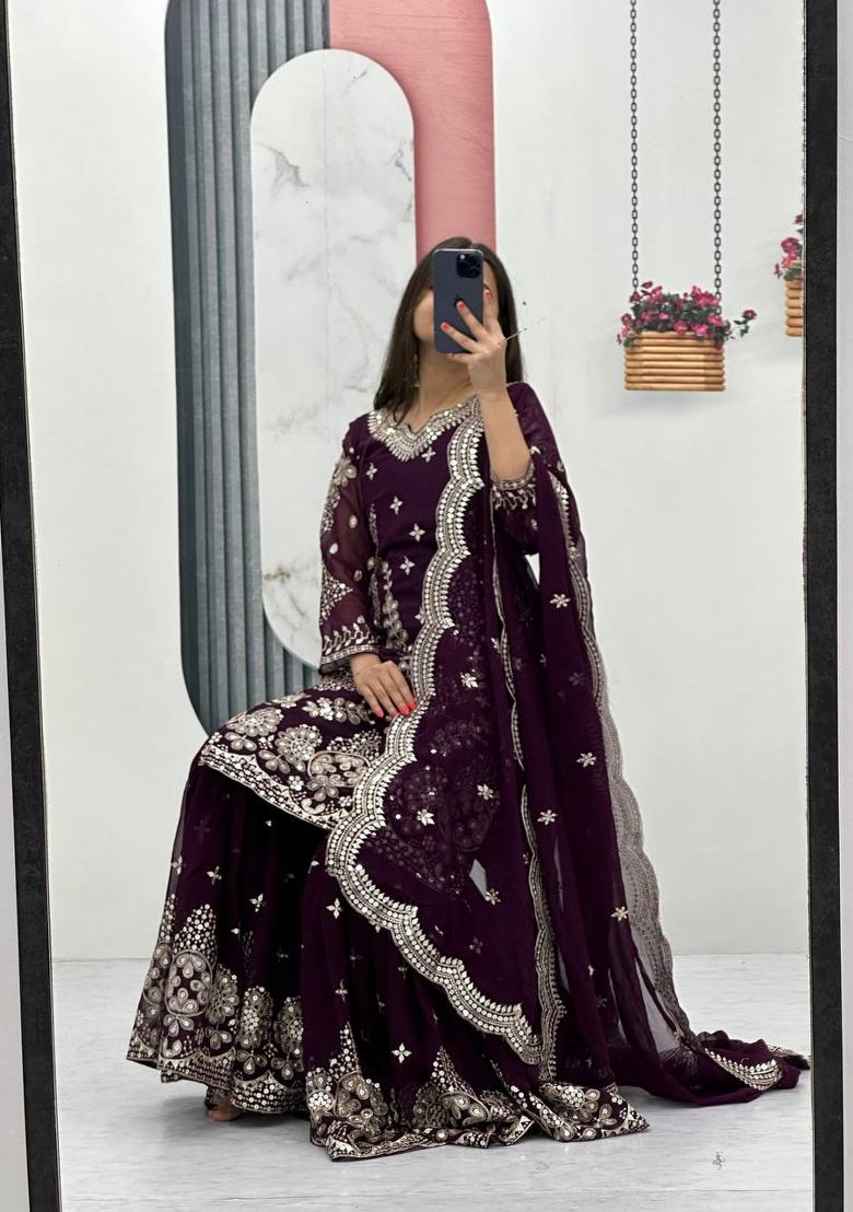 Wine Zari Work faux georgette salwar suit - Indya