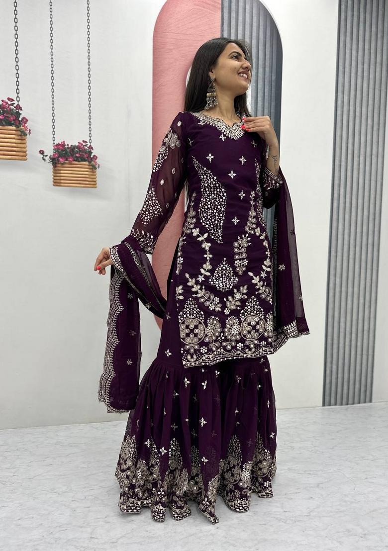 Wine Zari Work faux georgette salwar suit - Indya