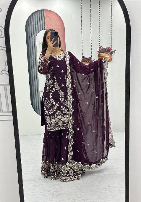 Wine Zari Work faux georgette salwar suit