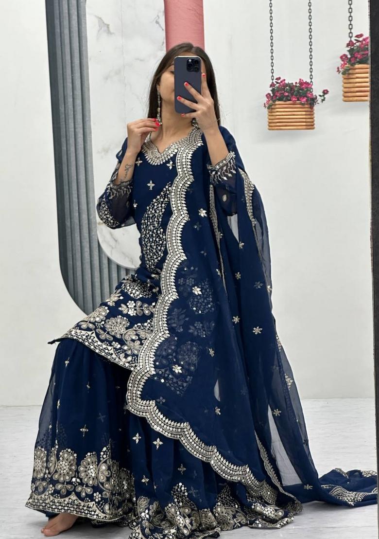 dark navy blue Zari Work faux georgette salwar suit - Indya