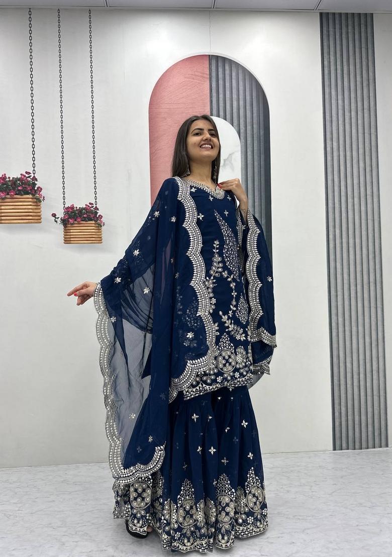 dark navy blue Zari Work faux georgette salwar suit - Indya