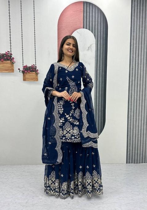 dark navy blue Zari Work faux georgette salwar suit