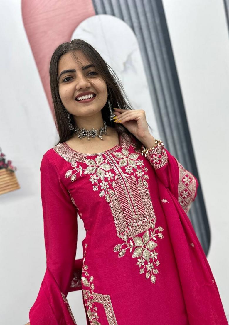 Pink Zari Work Silk Blend salwar suit - Indya