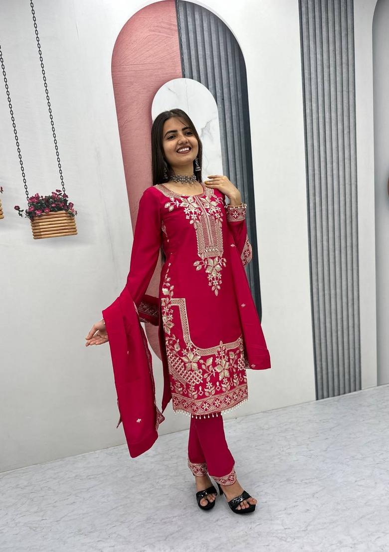 Pink Zari Work Silk Blend salwar suit - Indya